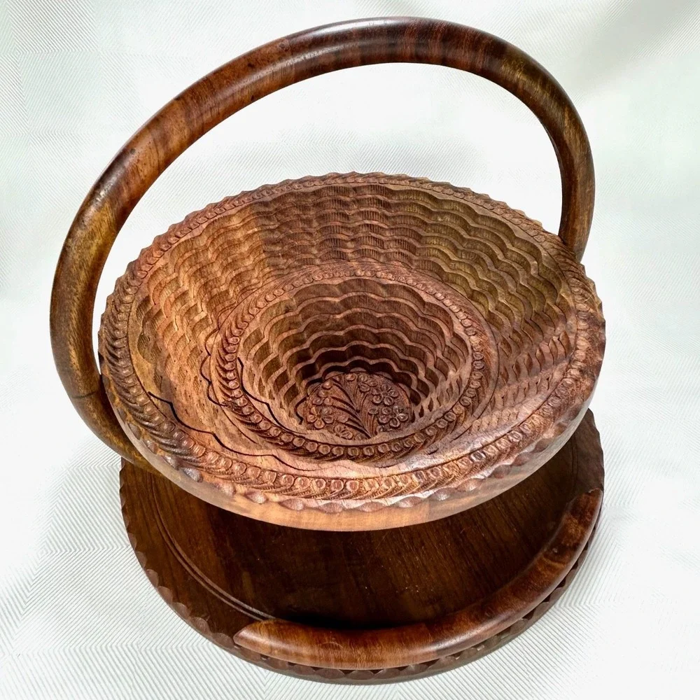 Vintage Collapsible Hand Carved Wooden Centerpiece, Basket, Rosewood Trivet